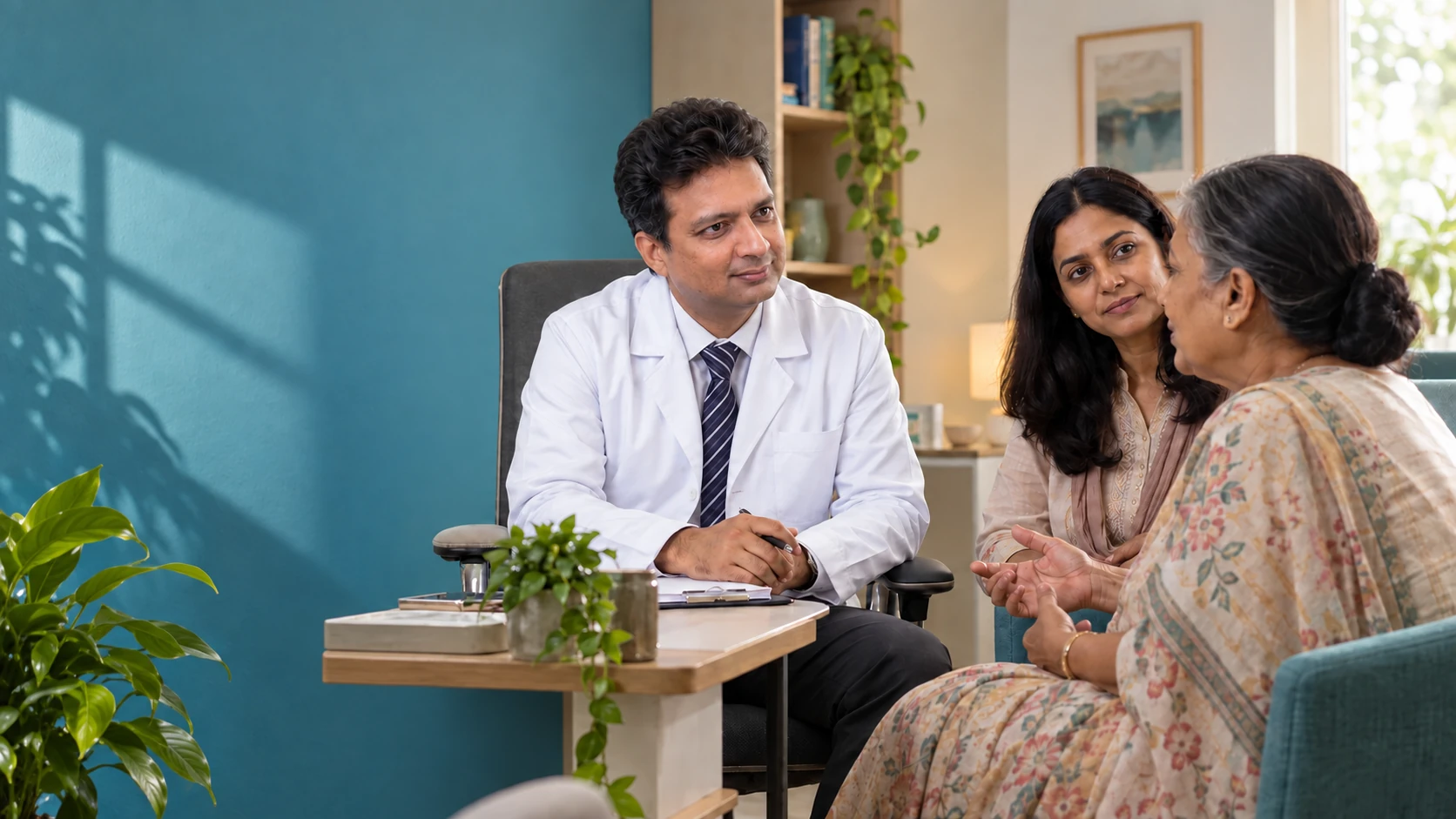 Illustrative consultation scene with a patient, companion and care professional